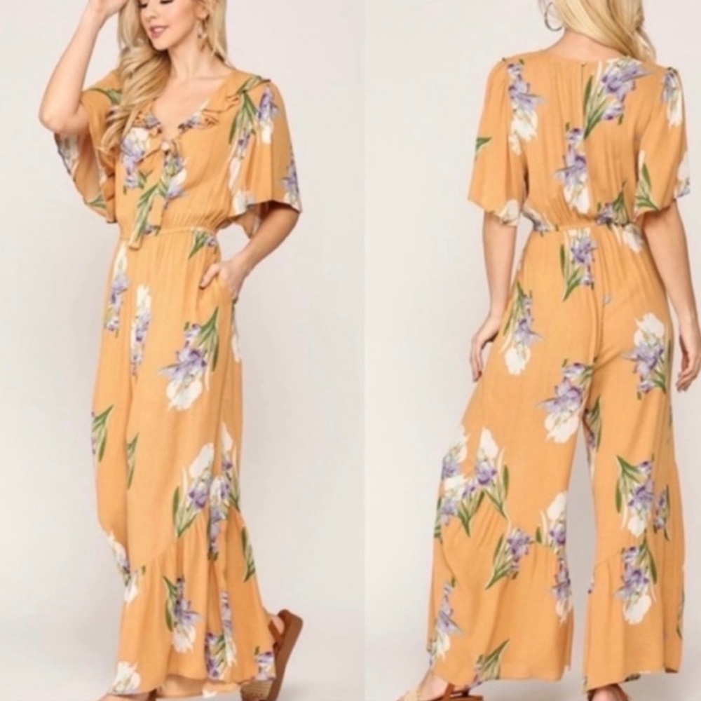 Floral Romper Ruffled Neckline with Bow Tie Wide Leg Size Large